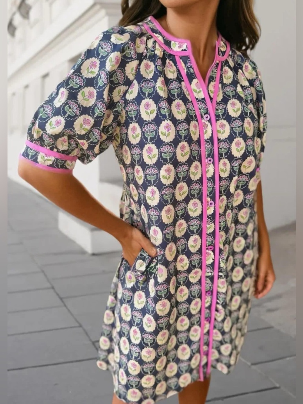 Floral Button-Front Tunic Dress with Pink Trim